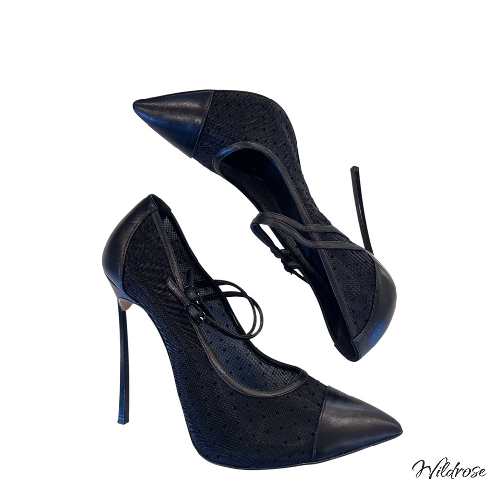 Casadei Black “Blade” Flocked Polka Dot Mesh Mary Jane Heels – SZ 41, US 9.5 - Picture 12 of 15